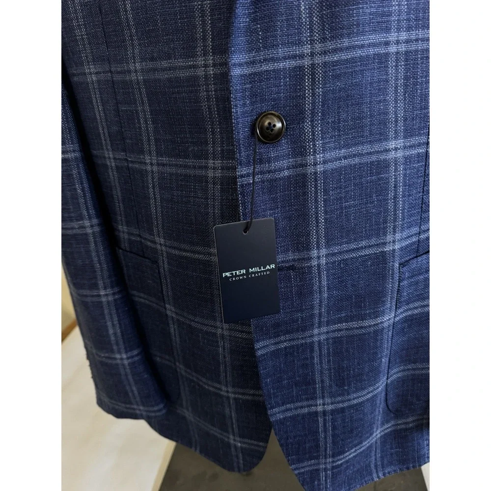 NWT Peter Millar Sport Coat Blazer Wool Silk Linen ATL‎ Blue Plaid 44 Long $1295
